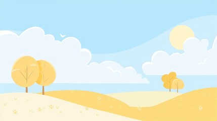 Fresh Spring Outing Wallpaper: Aesthetic Hand-Drawn Scene of Flower Sea & Blue Sky