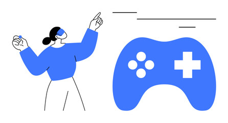 Person wearing a VR headset points to virtual elements while a large blue gaming controller is shown. Ideal for gaming, VR, e-sports, technology interaction, innovation, digital learning, future