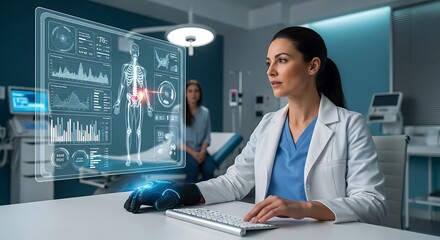A female doctor in a white coat uses a futuristic holographic interface displaying a human anatomy scan and vital signs, with a patient in the background.