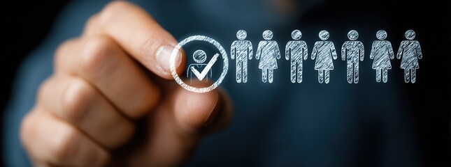Hand pointing at group icon on screen with checkmark, employee selection concept, white background high resolution professional shot