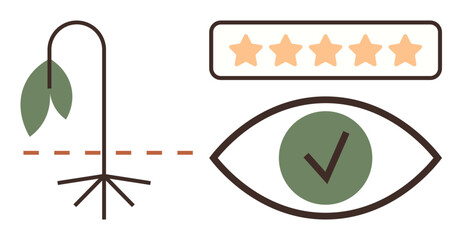 Wilting plant symbolizing dissatisfaction, five-star rating bar for feedback, green eye with checkmark for approval. Ideal for business growth, quality assurance, customer feedback, success