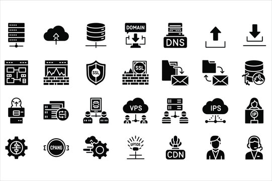Web Hosting and Server Technology Icons Set – Domain, DNS, SSL, VPS, Cloud, and Data Security Vector Pack