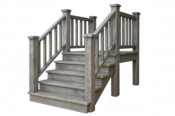 Weathered wooden staircase with metal railing, digitally rendered against transparent backdrop, highlighting architectural design and texturing details