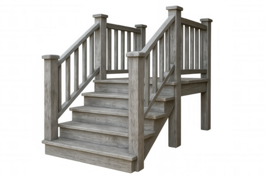 Weathered wooden staircase with metal railing, digitally rendered against transparent backdrop, highlighting architectural design and texturing details