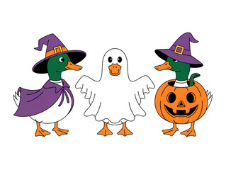 Three cartoon ducks dressed for Halloween costume ghost isolated on a transparent background
