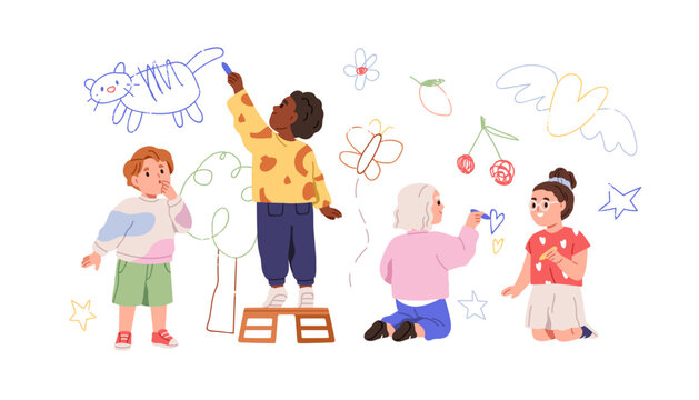 Kids drawing on wall. Cute children, creative kindergarten group, girls and boys with chalks, crayons, doodles, scribbles, sketches on wallpaper. Flat vector illustration isolated on white background