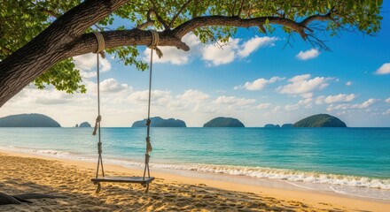 Tranquil Beach Paradise with Swing Ocean View and Tropical Island Backdrop a Relaxing Getaway Under the Blue Sky