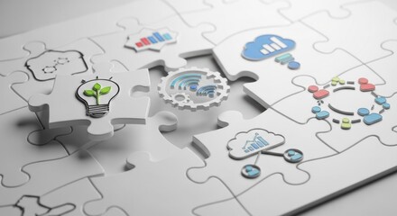3D Jigsaw Puzzle Visualizing the Synergy of Technology, Data, and Green Innovation.