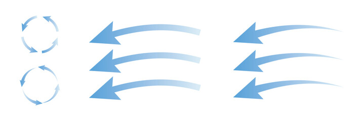 Air flow. Set of blue arrows showing direction of air movement. Wind direction arrows. Blue cold fresh stream from the conditioner.