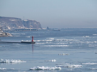 Hokkaido, Japan - February 19, 2024:  Drift ice at Nemuro strait in Hokkaido, Japan
