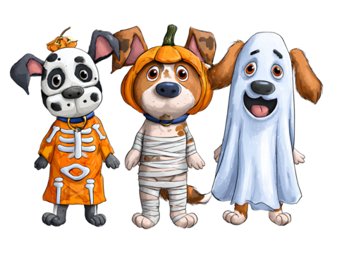 Three cartoon dogs in Halloween costumes illustration isolated on a transparent background