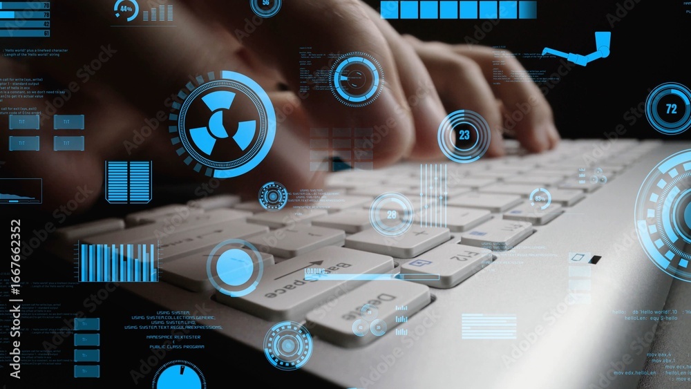 Wall mural close-up of hands typing on a keyboard surrounded by futuristic blue data visualizations, representi