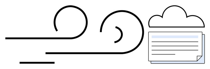 Cloud and flowing lines represent data transfer to digital storage. Ideal for technology, cloud computing, data sharing, innovation, file storage, IT solutions, minimal design. A simple flat metaphor