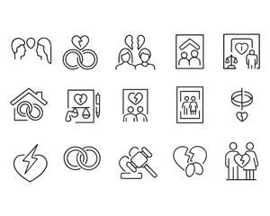 Set of outline icons related to divorce. Linear icon collection
