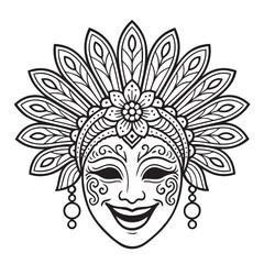 Black and white vector composition featuring MassKara Festival mask, celebrating joy and culture, illustrated with festive decorations and clean strong black outlines.