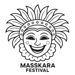 Artistic black and white vector design of MassKara Festival mask, decorated with feathers, ornaments, and joyful expressions, highlighted with bold black outlines.