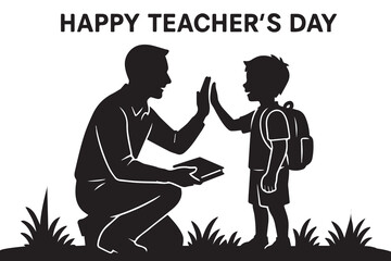 Black and white vector illustration celebrating Happy Teacher’s Day, featuring books, pencils, chalkboard, and apple symbols, outlined neatly with bold clean black lines.