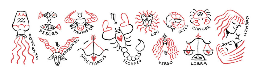 Twelve zodiac signs doodle set. Sketches of astrology constellations. Drawing symbols of horoscope, star calendar- Aries, Gemini, Leo, Scorpio. Flat isolated hand drawn vector illustrations on white