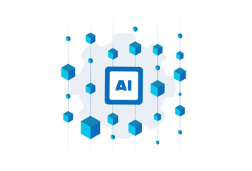 AI blockchain integration for digital transformation and secure innovation in business. Artificial intelligence working with distributed ledger blockchain technology. Flat vector illustration