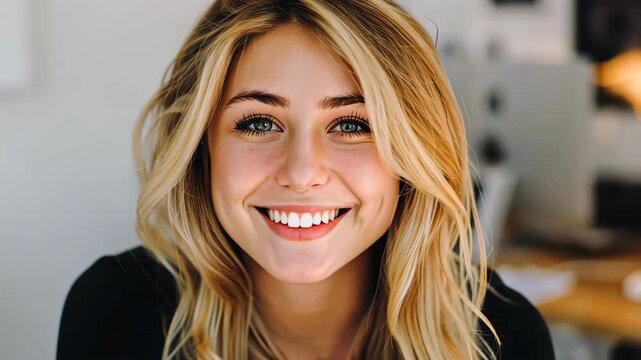 Radiant Beauty and Authentic Smile: A portrait of a beautiful woman whose genuine smile lights up the frame, showcasing natural beauty and a sense of warmth and approachability.