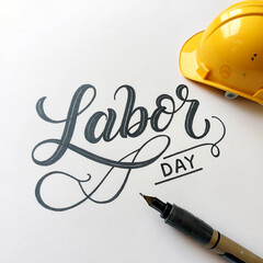 Flat minimalist calligraphy of Labor Day with construction helmet and tools