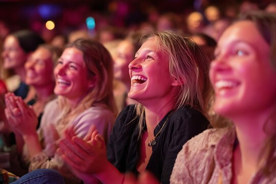 Enthusiastic audience captivated by live performance, women laughing & applauding at vibrant show, creating a joyful, memorable experience full of positive energy