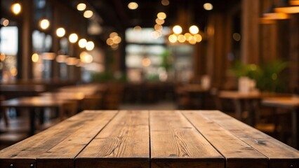 interior of a restaurant in the evening. interior of restaurant. interior of the church. empty rustic wood table and blurred soft light tabel