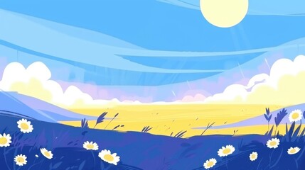 Fresh Spring Outing Wallpaper: Aesthetic Hand-Drawn Scene of Flower Sea & Blue Sky