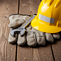Construction worker in a yellow hard hat and gloves holding tools on a building site