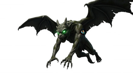 A fearsome gargoyle monster with glowing green eyes isolated on transparent background
