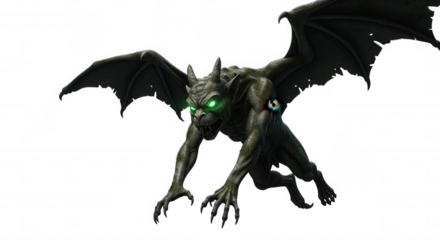 A fearsome gargoyle monster with glowing green eyes isolated on transparent background