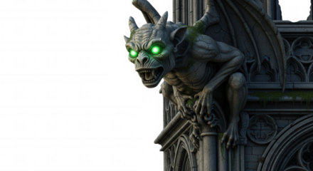 Gothic stone gargoyle sculpture with glowing green eyes isolated on transparent background