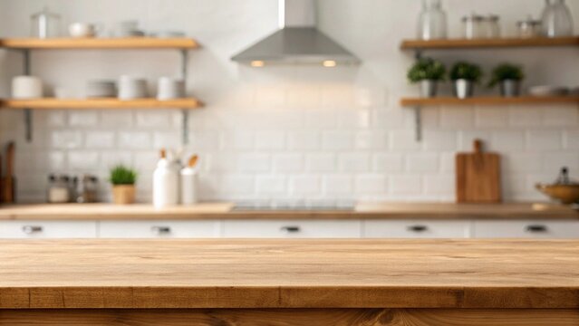 modern kitchen interior with kitchen. empty table top over defocused kitchen with copy space