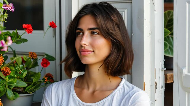 Serene Reflection in the Garden: A beautiful young woman, framed by the vibrant bloom of flowers, gazes serenely towards the sun, her gaze reflects inner peace and outer beauty.