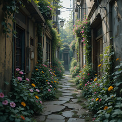 Overgrown Urban Alley Filled with Cracks and Flowers