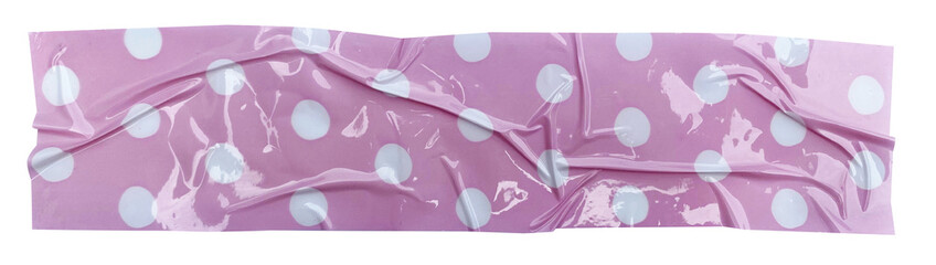 Crumpled torn pieces of purple or pink background with white polka dots packing tape, adhesive sealing tape, sticky torn plastic on transparent background	
