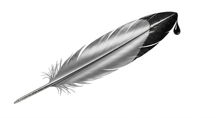 Black ink dripping from a feather quill pen isolated on transparent background