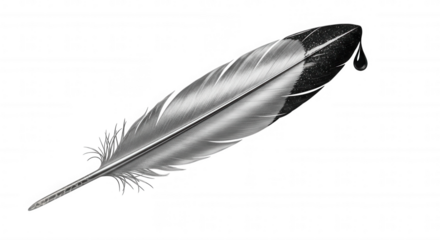 Black ink dripping from a feather quill pen isolated on transparent background
