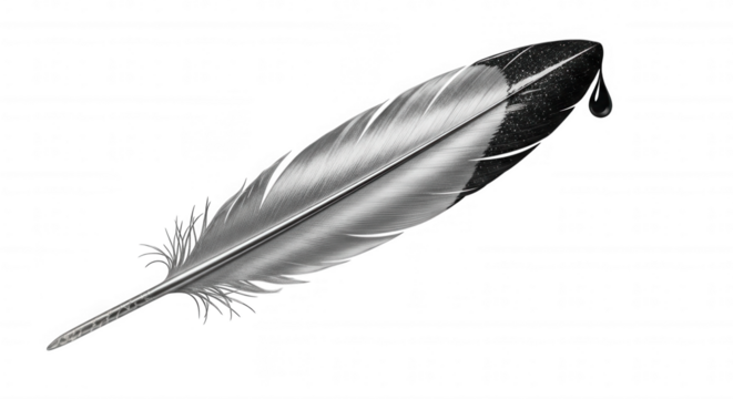 Black ink dripping from a feather quill pen isolated on transparent background - Powered by Adobe