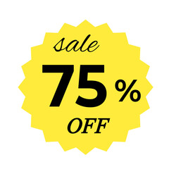 Yellow sale tag with 75 percent discount offer badge on black background, promotional marketing label, special price sticker, clearance sale banner, discount shopping sign, retail store promotion
