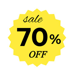 Yellow sale tag with 70 percent discount offer badge on black background, promotional marketing label, special price sticker, clearance sale banner, discount shopping sign, retail store promotion