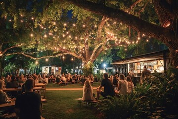 Vibrant outdoor event with friends enjoying food trucks under twinkling string lights creating a warm and inviting atmosphere for evening social gatherings