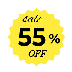 Yellow sale tag with 55 percent discount offer badge on black background, promotional marketing label, special price sticker, clearance sale banner, discount shopping sign, retail store promotion