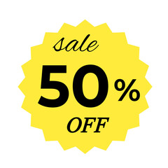 Yellow sale tag with 50 percent discount offer badge on black background, promotional marketing label, special price sticker, clearance sale banner, discount shopping sign, retail store promotion