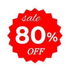 Red sale tag with 80 percent discount offer badge on black background, promotional marketing label, special price sticker, clearance sale banner, discount shopping sign, retail store promotion