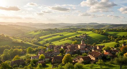 Obraz premium Picturesque European village nestled in rolling green hills under a beautiful sunny sky