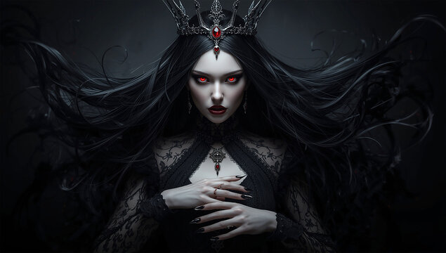 Dark Gothic Vampire Queen with Red Eyes and Black Crown, Fantasy Horror Woman in Elegant Lace Dress, Evil Witch Character, Mysterious Dark Lady Portrait, Halloween Concept Art