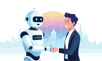 Modern Flat Design Human and Robot Handshake Business Collaboration Concept Illustration