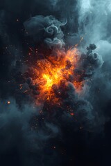 Fototapeta premium A fiery explosion bursts dramatically in the midst of swirling dark clouds, glowing with bright orange and yellow flames against a smoky, stormy background.