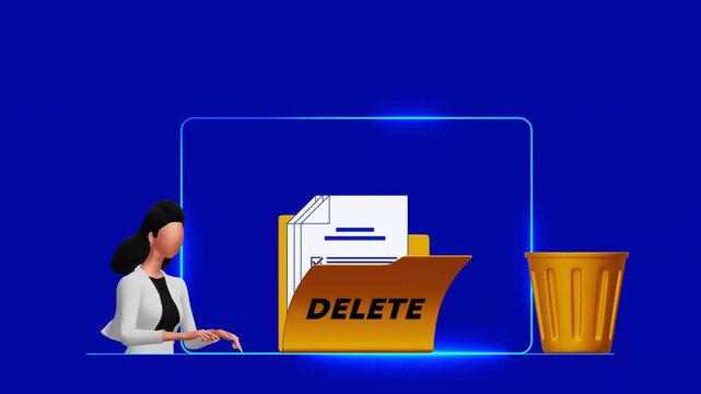 Animated illustration of businesswoman managing digital documents with delete folder and trash bin, symbolizing data removal, file management, document deletion, information cleanup and digital privac